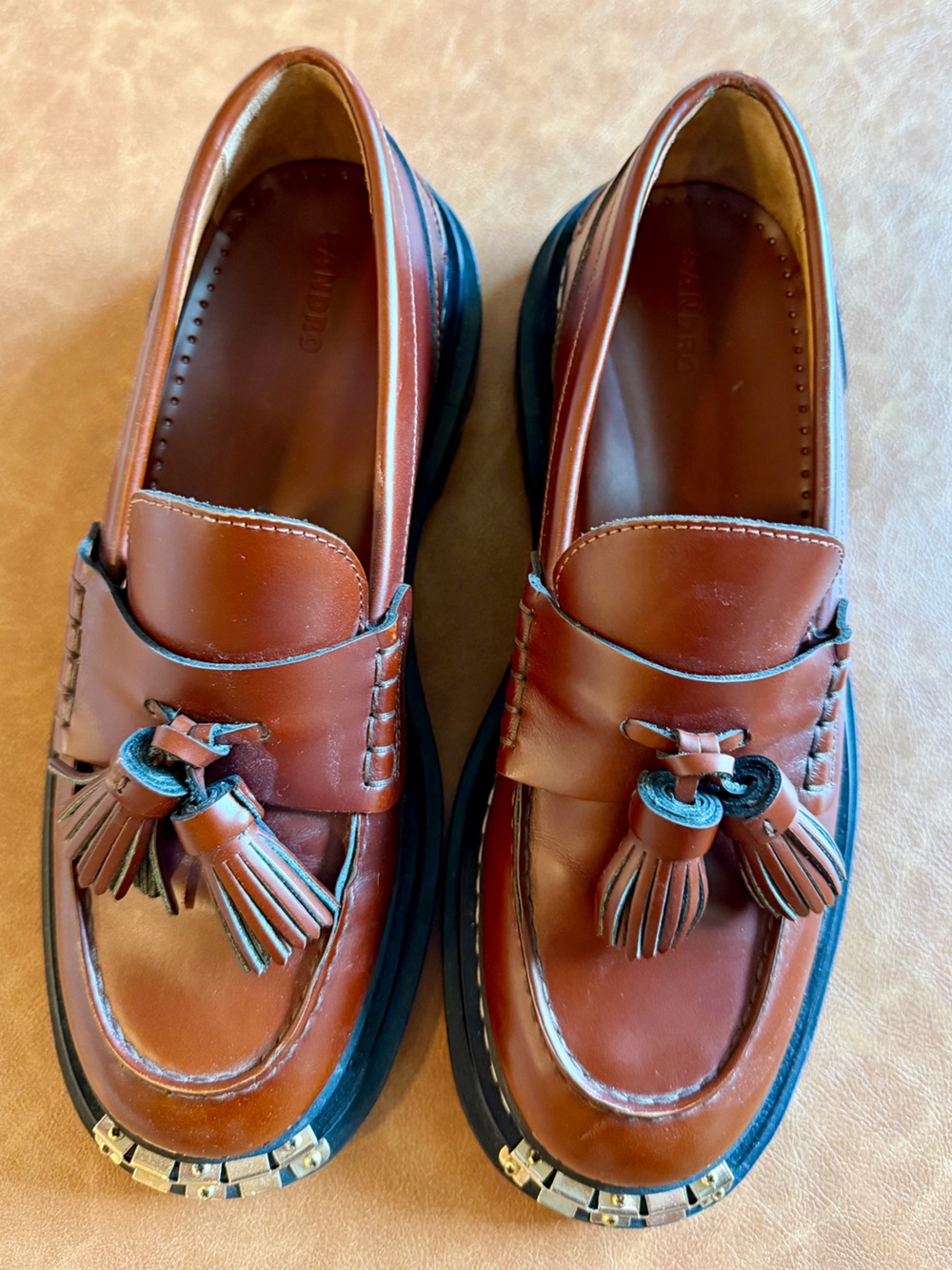 Sandro Paris Women’s Brown Platform Lug Sole Loafers Embellished Tassel - Picture 3 of 11